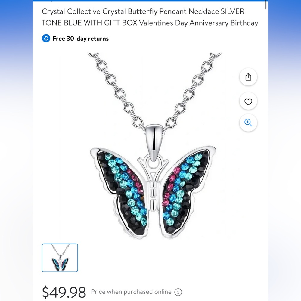 Crystal Collective Crystal Butterfly Pendant Necklace SILVER TONE BLUE NWOT